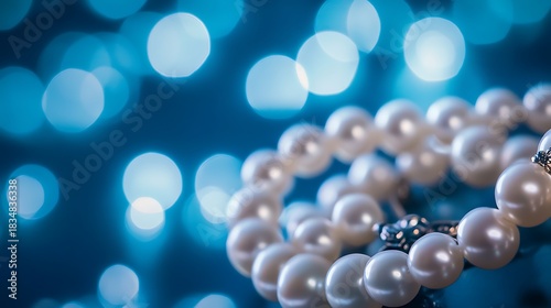 White pearl choker with a vintage clasp on blue lights background