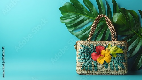 Woven clutch bag with summer tropical vibe on blue background