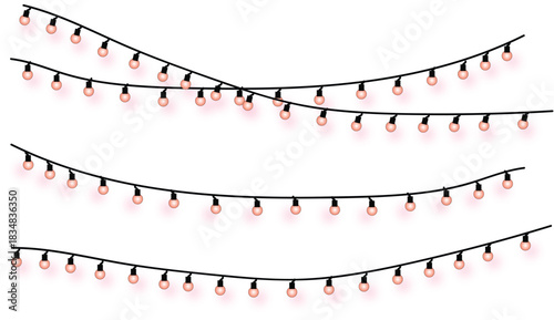 Set of glowing red pepper lamp garlands for festive decoration. Vector illustration of hanging string lights for party holiday design