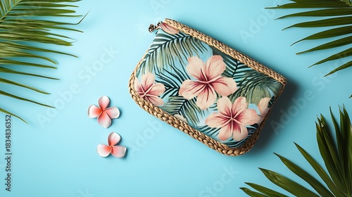 Woven clutch bag with summer tropical vibe on blue background