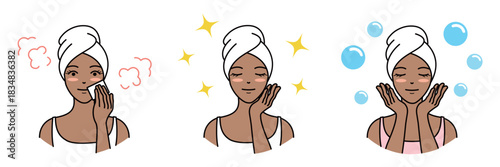 Dark-skinned woman with towel on head cleansing, moisturizing, and washing face