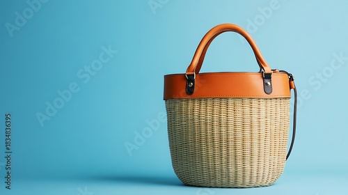 Woven rattan bag with leather accents on blue background