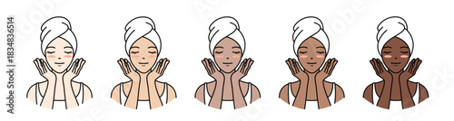 Diverse women applying face cream or lotion with closed eyes in line