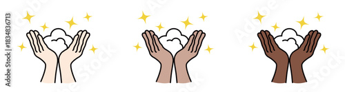 Diverse hands holding foam or soap for washing with sparkling effects