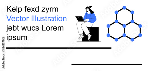 Education, digital platforms, scientific research, technology, content creation, future learning. Woman using a laptop near a hexagonal molecular structure. Education and scientific research concepts