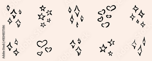 Set of doodle icon glitter star, sparkle sun. Whimsical hand drawn sketch of shapes explosion, glow and blinking effects for celebrate festive party design. Twinkle flash and shiny graphic elements.