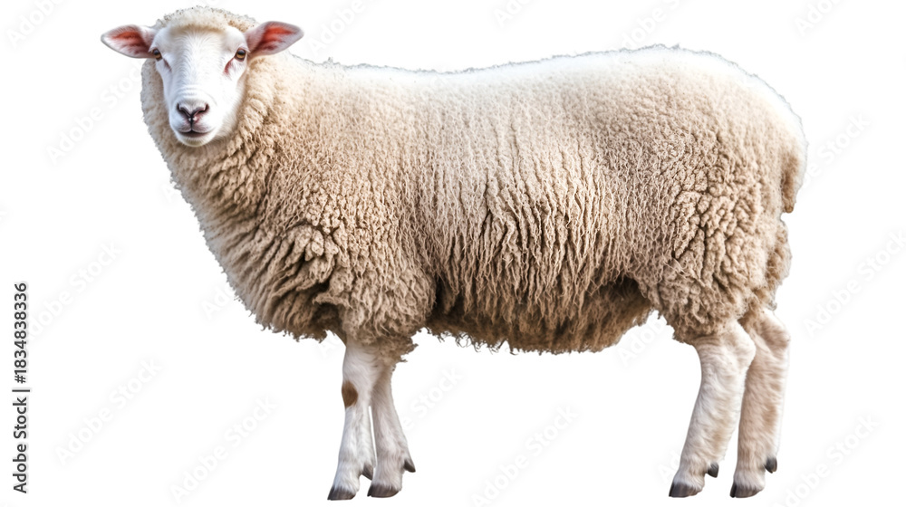 Fototapeta premium A full body portrait of a white sheep standing against a black background looking at the camera