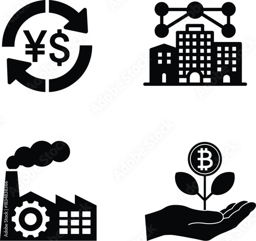 Business and finance vector icons: exchange, industry, blockchain