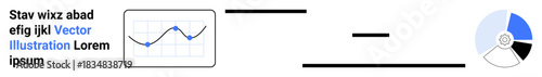 Business analysis, financial data, reporting tools, data visualization, performance metrics, market trends. Line graph with plotted points and segmented pie chart. Data visualization and business