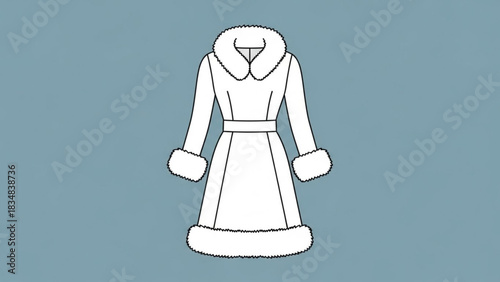 A minimalist line art illustration of a white elegant long coat with a luxurious fur collar cuffs and hem cinched with a matching belt on a muted blue background