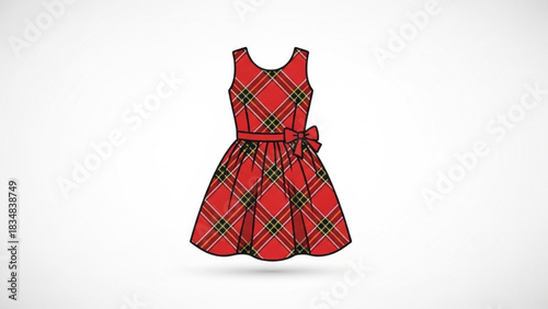 A sleeveless red plaid dress with a black outline and a red bow accent on the waist presented on a white background with a subtle shadow