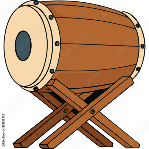 Hand Drawn Illustration of a Wooden Barrel Drum on a Stand Traditional Percussion Instrument Brown Wood with Tan Heads and Blue Accents Simple Isolated Object