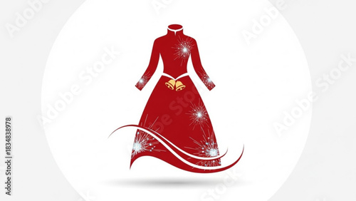 Elegant red dress with golden bells and sparkling snowflake patterns symbolizing festive holiday fashion and winter celebrations
