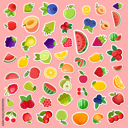 Natural tropical fruits icon set collection in flat sticker style. Tropical plant vector illustration on isolated background. Healthy food sign business concept.