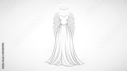 Elegant white angel gown with delicate wings and a glowing halo a symbol of purity and divine grace isolated on a clean white background for ethereal designs