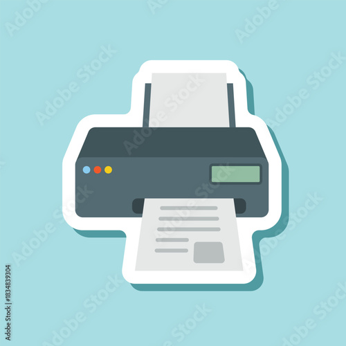 Printer sticker icon in flat style. Office machine vector illustration on isolated background. Printout sign business concept.