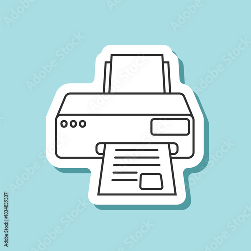 Printer sticker icon in flat linear style. Office machine vector illustration on isolated background. Printout sign business concept.