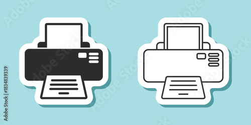 Printer sticker icon in flat style. Office machine vector illustration on isolated background. Printout sign business concept.