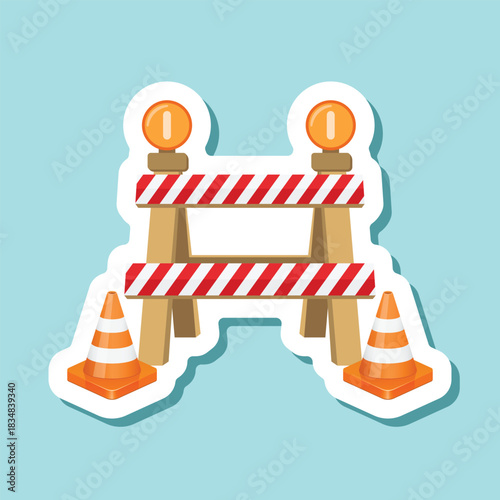 Stop traffic road barrier sticker icon in flat style. Roadwork vector illustration on isolated background. Safety barricade sign business concept.