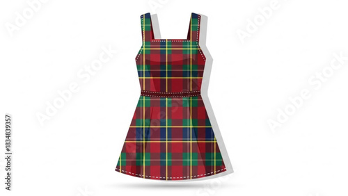 A charming red green and blue plaid jumper dress with a flared skirt and adjustable straps perfect for casual wear and school uniforms