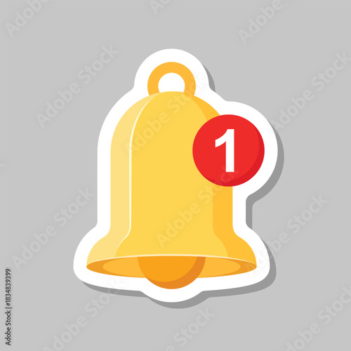 Notification bell sticker icon in flat style. Incoming inbox message vector illustration on isolated background. Ringing bell sign business concept.