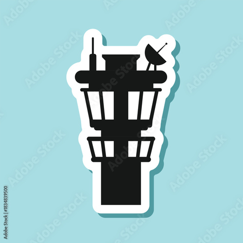 Flight control tower sticker icon in flat style. Navigation monitor vector illustration on isolated background. Airport building sign business concept.