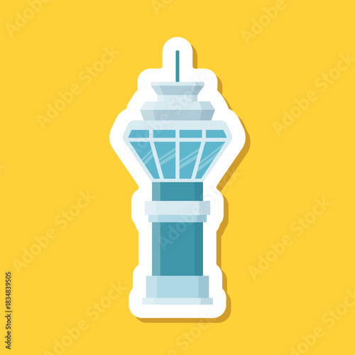 Flight control tower sticker icon in flat style. Navigation monitor vector illustration on isolated background. Airport building sign business concept.