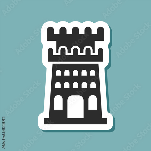 Castle tower sticker icon in flat style. Medieval citadel vector illustration on isolated background. Stronghold building sign business concept.