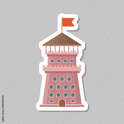 Castle tower sticker icon in flat style. Medieval citadel vector illustration on isolated background. Stronghold building sign business concept.