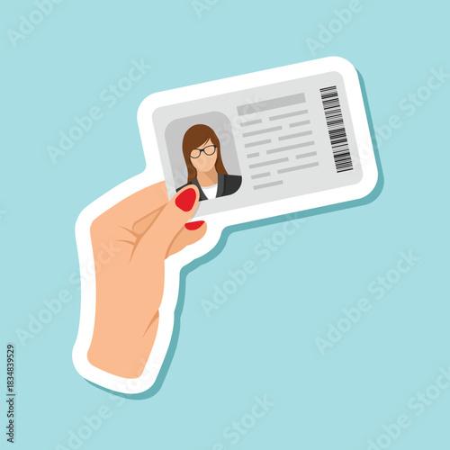 Hand holding driver license sticker icon in flat style. Identification document vector illustration on isolated background. Profile card sign business concept.