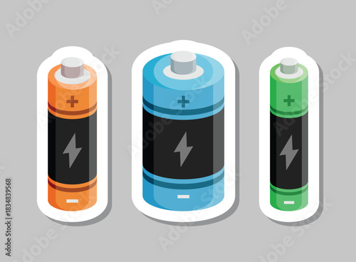 Alkaline battery sticker set icon in flat style. Different size accumulator vector illustration on isolated background. Accumulator recharge sign business concept.