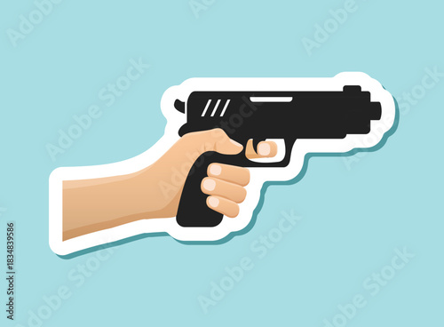Hand holding pistol gun sticker icon in flat style. Firearm symbol vector illustration on isolated background. Rifle ammo sign business concept.