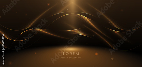 Scene glowing gold wave lines on dark  background with lighting effect glitter and sparkle. Luxury design style.