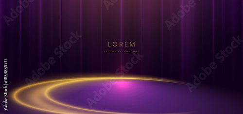 Scene purple with golden curve on dark purple background. Luxury for product design.