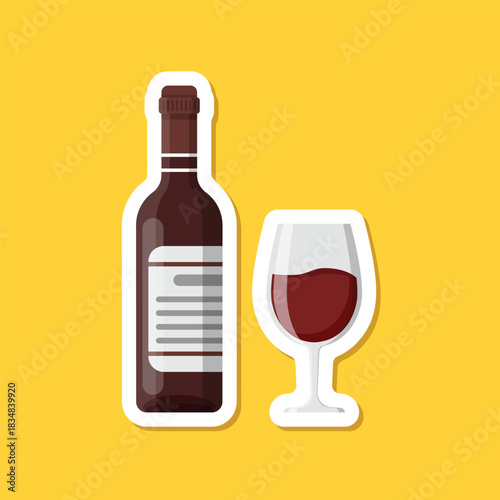 Wine bottle with glass sticker icon in flat style. Alcohol drink vector illustration on isolated background. Champagne beverage sign business concept.