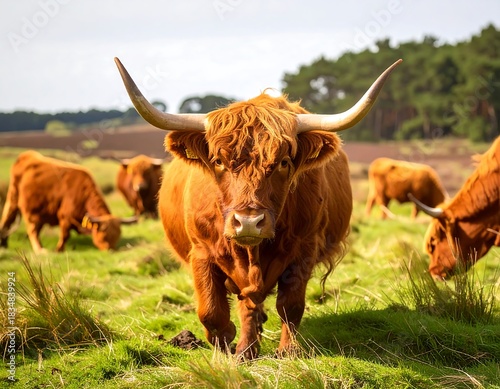 A majestic, long-horned bovine stares directly at the viewer with others grazing in the green pasture, amidst trees