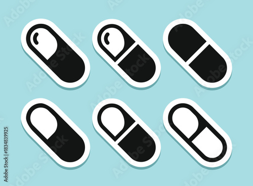 Pills capsules sticker icon set collection in flat style. Medical tablet vector illustration on isolated background. Healthcare drug sign business concept.
