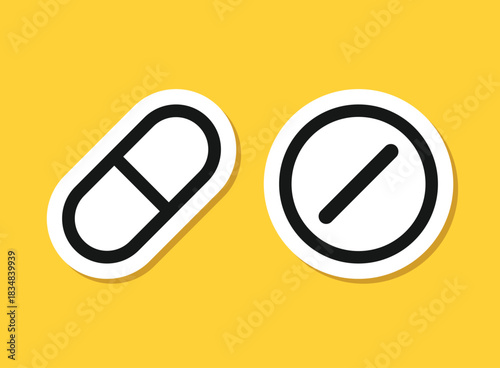 Pills capsules sticker icon in flat style. Medical tablet vector illustration on isolated background. Healthcare drug sign business concept.