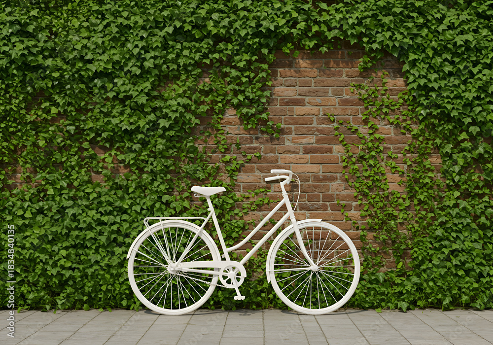 Fototapeta premium A white bicycle rests against a brick wall covered in lush green ivy. A simple, vintage-style bike stands still in a charming outdoor setting.