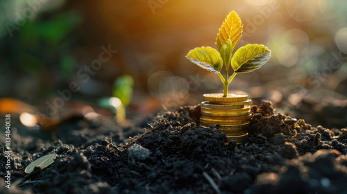 Wallpaper Mural Golden coins buried in dark soil with a flourishing seedling sprouting from them, symbolizing investment growth and future wealth Torontodigital.ca