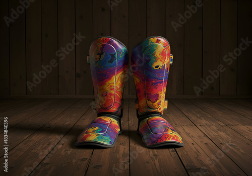 Colorful protective shin guards for martial arts, displayed on a wooden floor against a dark wooden wall. Pair of vibrant shin guards standing upright on a wooden floor in a dimly lit studio setting.