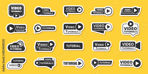 Play video tutorials sticker icon set in flat style. Education software vector illustration on isolated background. Webinar training sign business concept.