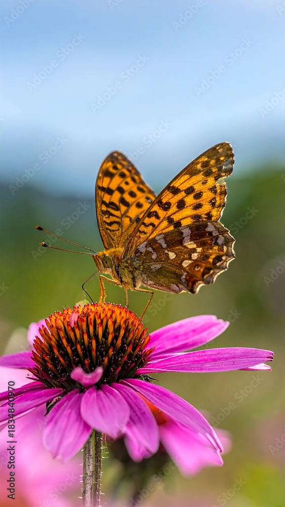 Obraz premium Close-up of a butterfly with ornate wing patterns on a purple coneflower