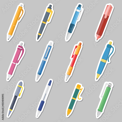 Ballpoint pen stickers icon set collection in flat style. Office tool vector illustration on isolated background. School equipment sign business concept.