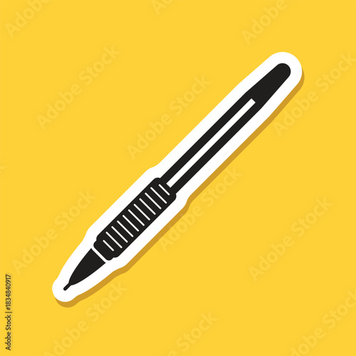 Ballpoint pen sticker icon in flat style. Office tool vector illustration on isolated background. School equipment sign business concept.