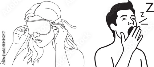 Line Art Illustrations of Sleepiness and Relaxation with Modern Flat Style
