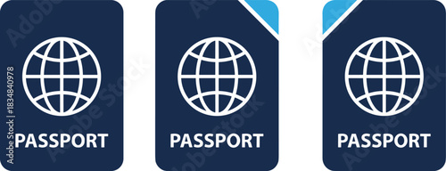 Passport Icon Set in Dark Blue with Globe Symbol, Identification and Travel Document Icons, International Airport, Immigration, and Global Journey Concept, Flat Vector Illustration,