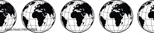 Black and White Rotating Earth Globe Vector Set, World Map with Grid Lines, Global Network, International Business, Connectivity, and Geography Concept, Flat Vector Illustration,