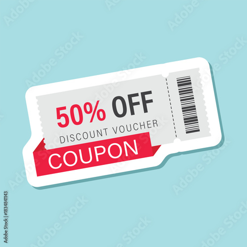 Gift voucher sticker icon in flat style. 50% discount vector illustration on isolated background. Promotion coupon sign business concept.