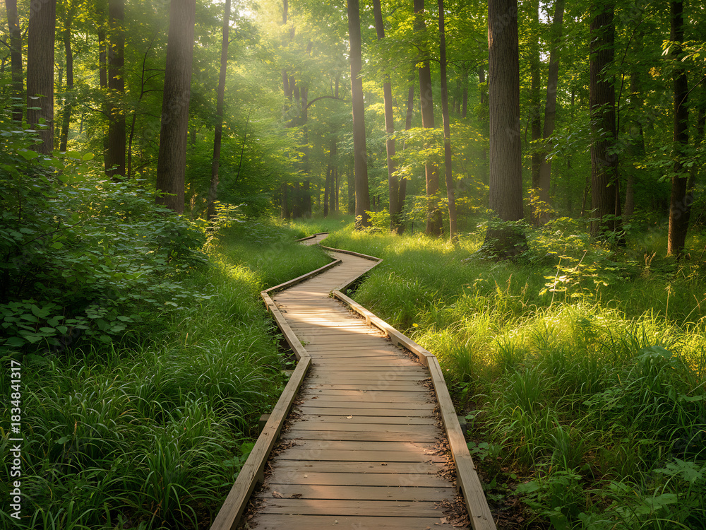 Obraz premium Wooden trail in a forest glade serving as an outdoor recreational pathway, seasonal change awareness day, Nature & Outdoor Recreation